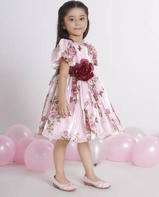 Peach digital floral printed organza Short Sleeve party frock for kids 3