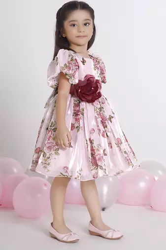 Peach digital floral printed organza Short Sleeve party frock for kids