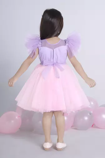 Purple Lilac sequence solid Sleeveless net party frock for kids