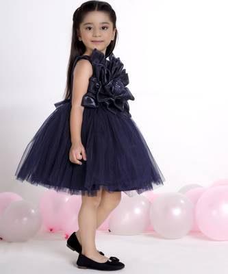Navy blue 3d floral applique Sleeveless net party frock for kids 3