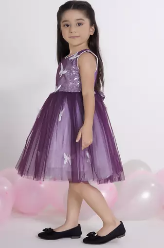 Wine embellished net Sleeveless party frock for kids