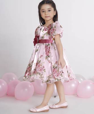 Peach digital floral printed organza Short Sleeve party frock for kids 4