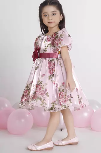 Peach digital floral printed organza Short Sleeve party frock for kids