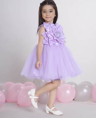 Purple Lilac 3d floral applique Sleeveless net party frock for kids 3