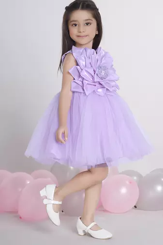 Purple Lilac 3d floral applique Sleeveless net party frock for kids