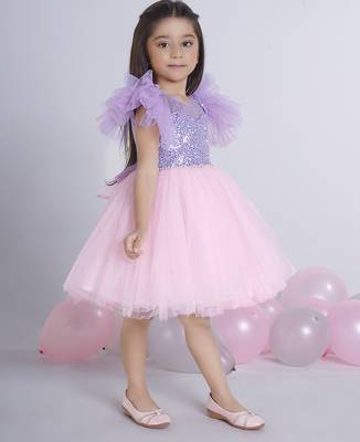 Purple Lilac sequence solid Sleeveless net party frock for kids 3