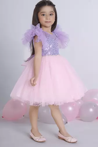 Purple Lilac sequence solid Sleeveless net party frock for kids