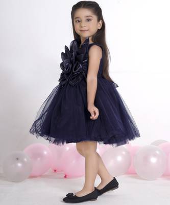 Navy blue 3d floral applique Sleeveless net party frock for kids 4