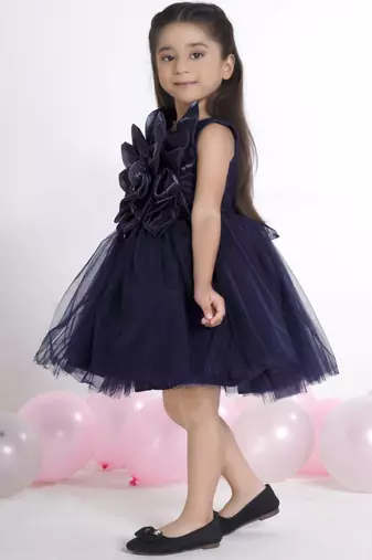 Navy blue 3d floral applique Sleeveless net party frock for kids