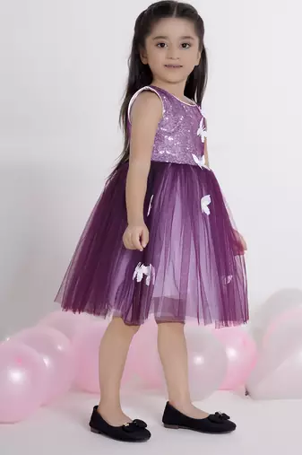 Wine embellished net Sleeveless party frock for kids