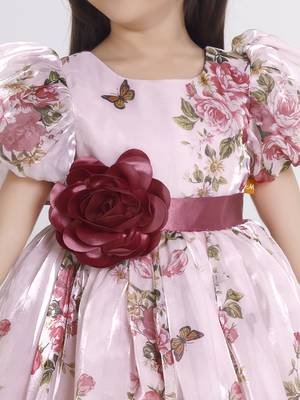 Peach digital floral printed organza Short Sleeve party frock for kids 5
