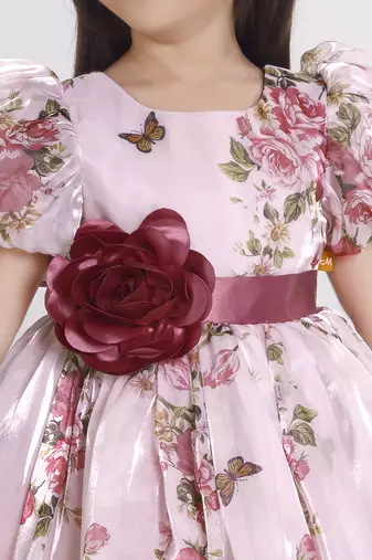 Peach digital floral printed organza Short Sleeve party frock for kids