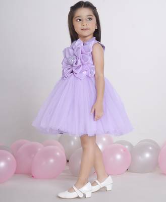 Purple Lilac 3d floral applique Sleeveless net party frock for kids 4