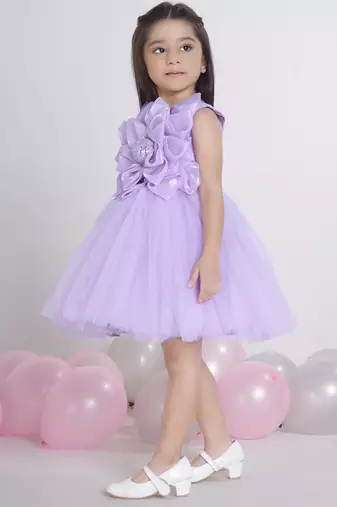 Purple Lilac 3d floral applique Sleeveless net party frock for kids