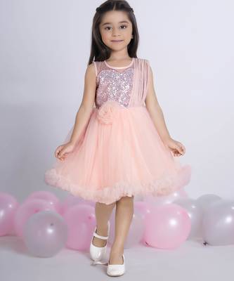 Peach embellished Sleeveless net party frock for kids 1