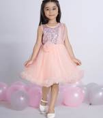 Peach embellished Sleeveless net party frock for kids