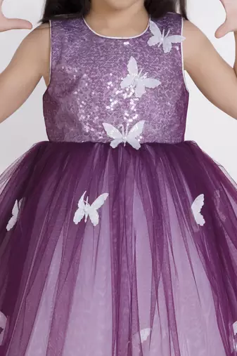 Wine embellished net Sleeveless party frock for kids