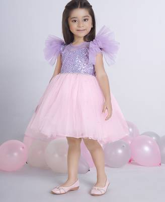 Purple Lilac sequence solid Sleeveless net party frock for kids 4