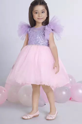 Purple Lilac sequence solid Sleeveless net party frock for kids