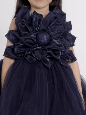 Navy blue 3d floral applique Sleeveless net party frock for kids 5