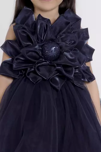 Navy blue 3d floral applique Sleeveless net party frock for kids
