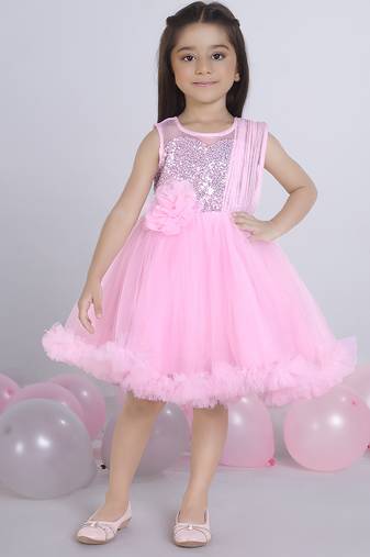 Pink embellished Sleeveless net party frock for kids