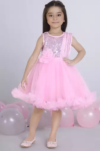 Pink embellished Sleeveless net party frock for kids
