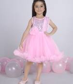 Pink embellished Sleeveless net party frock for kids