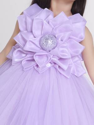 Purple Lilac 3d floral applique Sleeveless net party frock for kids 5