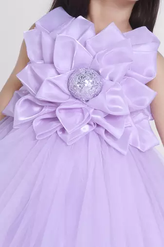 Purple Lilac 3d floral applique Sleeveless net party frock for kids