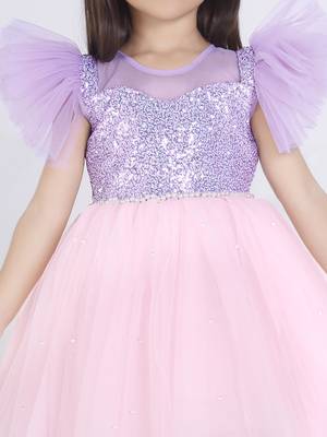Purple Lilac sequence solid Sleeveless net party frock for kids 5