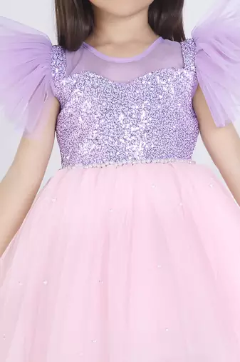 Purple Lilac sequence solid Sleeveless net party frock for kids