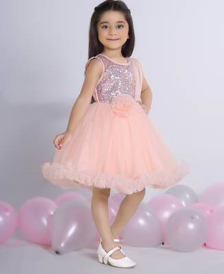 Peach embellished Sleeveless net party frock for kids 3