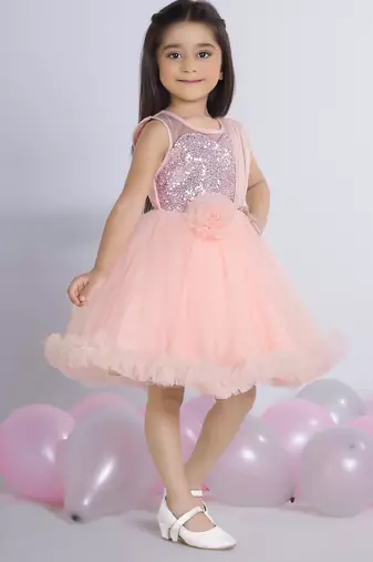 Peach embellished Sleeveless net party frock for kids