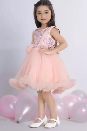 Peach embellished Sleeveless net party frock for kids