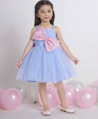 Blue bow applique Sleeveless net party frock for kids 1
