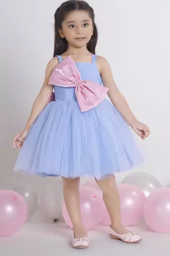 Blue bow applique Sleeveless net party frock for kids