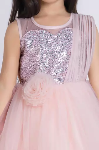 Peach embellished Sleeveless net party frock for kids