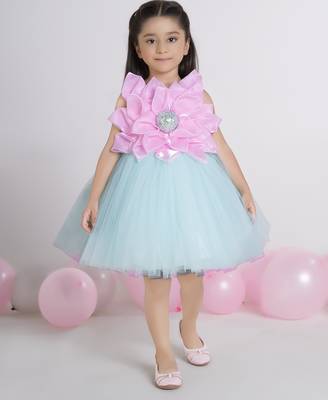 Sea green 3d floral applique Sleeveless net party frock for kids 1
