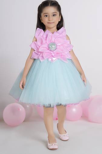 Sea green 3d floral applique Sleeveless net party frock for kids
