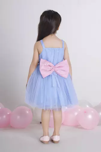 Blue bow applique Sleeveless net party frock for kids