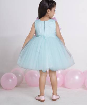 Sea green 3d floral applique Sleeveless net party frock for kids 2
