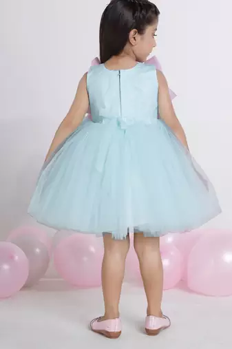 Sea green 3d floral applique Sleeveless net party frock for kids
