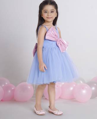 Blue bow applique Sleeveless net party frock for kids 3