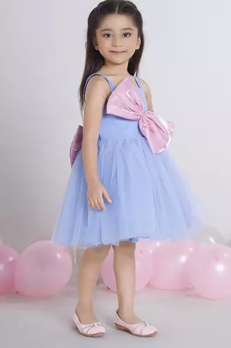 Blue bow applique Sleeveless net party frock for kids