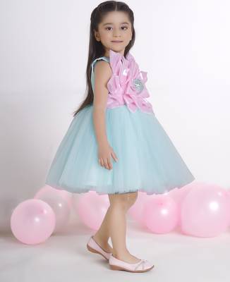 Sea green 3d floral applique Sleeveless net party frock for kids 3