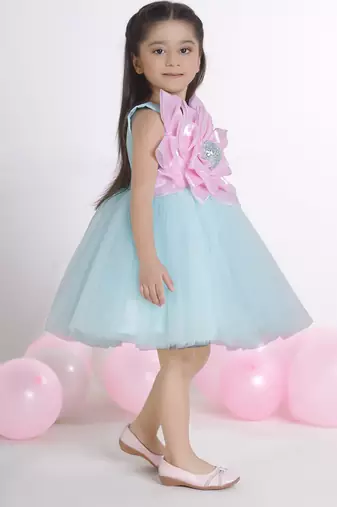 Sea green 3d floral applique Sleeveless net party frock for kids
