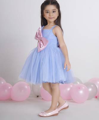 Blue bow applique Sleeveless net party frock for kids 4