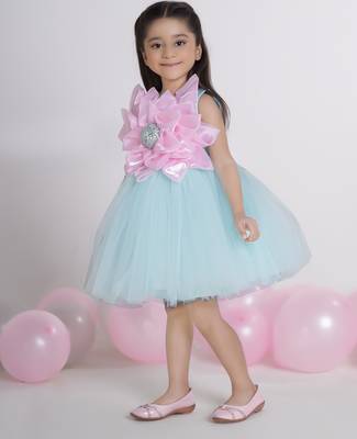 Sea green 3d floral applique Sleeveless net party frock for kids 4