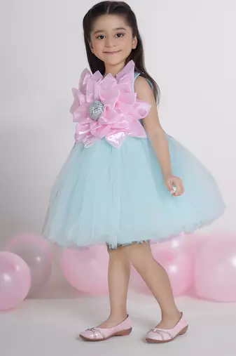 Sea green 3d floral applique Sleeveless net party frock for kids